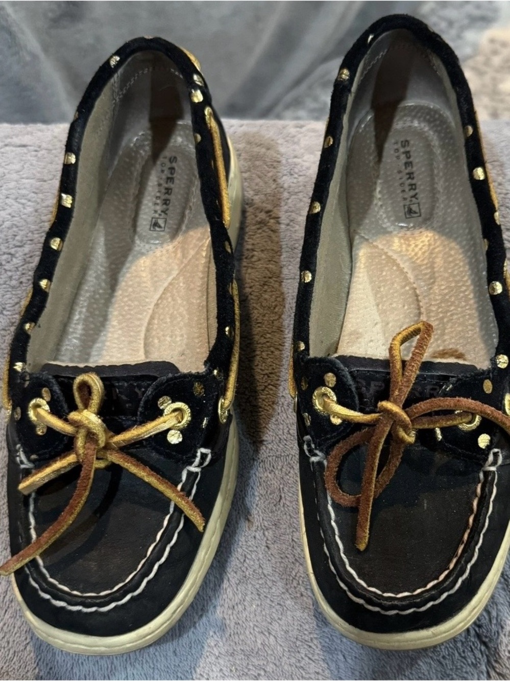 Sperry Black and Gold Studded Moccasins Sz 6.5